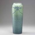 Robert bringhurst zark rare and tall vase incised with large insects note an unusually large and decorated example of this elusive pottery one possibly two rim chips crudely restored inscised z