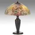 Handel reversepainted chipped glass and patinated metal table lamp pink roses shade signed handel 6941 m base with cloth tag 23 x 18