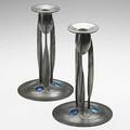 Archibald knox liberty  co pair of pewter and enameled tudric candlesticks stamped 4 english pewter made by liberty  co 0223 9 x 6