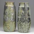 Marlotte pair of gres vases in verdigris crystalline glaze modeled pewter overlay griding chips to bases inscribed marlotte 10 13 12 x 5 12