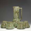 Fulper cider set with four mugs leopardskin crystalline glaze vertical rectangular ink stamps tankard 13 x 7 mugs 4 x 5 34
