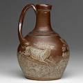 Charles graham stoneware jug with hunting scene 14 kiln kiss and grinding chips to base note extremely rare stamped charles graham patd april 7 1885 7 12 x 5