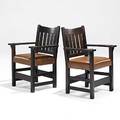 Gustav stickley pair of vback arm chairs no 354a one shows decal the other possibly marked 37 x 25 34 x 20 12