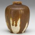 Wilhelmina post grueby ridged vessel brown glaze glaze misses throughout restoration around rim circular stamp wp 5 x 4