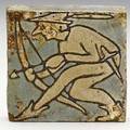 Grueby rare tile with robin hood in cuerda seca some glaze chips and rust note the only such tile weve seen large grueby tile boston stamp 4 sq