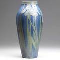 Sadie irvine newcomb college tall vase with purple irises 1918 three small chips to footring note strong carving and color stamped ncjmsi132jv71 13 12 x 6