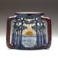 Roberta b kennon newcomb college exceptional three handled tyge vessel with rising sun and tall pines contrasting oxblood handles c 1907 glazedover firing line through base goes up one side p