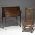 Roycroft dropfront desk and side chair provenance roycroft inn east aurora ny carved orb and cross marks chair stamped r030 desk r091 desk 44 12 x 38 14 x 18 chair 43 12 x 17 x 16