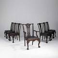 Chippendale style dining chiars set of seven one arm and six side with loose cushions claw feet and mahogany frames 20th c armchair 41 34 x 28 x 21