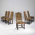 Jacobean style dining chairs set of six with tapestry seat and back and walnut frames 20th c 42 x 19 14 x 18