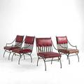 Empire style set of four wrought iron lounge chairs with red vinyl cushions 37 x 23 x 26