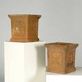 Garden ornament pair of terra cotta urns with leaf design 20th c 14 12 x 13 12 x 13