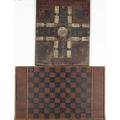 Two folk art game boards together with two landscape prints framed boards 15 x 24