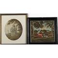 19th c embroidered pictures group of six pictures each framed all with damage largest 13 14 x 14 12 sight
