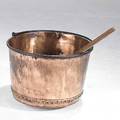 Copper applebutter kettle wrought iron handle together with wooden stirrer 19th c 17 12 x 24 dia