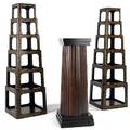 Traditional furniture two lacquered 7shelf etageres together with a stained and ebonized columnar pedestal etageres 68 x 19 12 sq