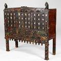 Rajastan twodoor wooden chest with carved polychromed and mirrored front 55 12 x 56 34 x 19