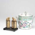 Asian items two stone and bronze foo dog figures on rosewood base and chinese ceramic vessel with lid cooler 9 12 x 8 dia