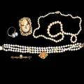 Pearl or cameo jewelry six pieces include 18 12 cultured pearl necklace triple strand 7 12 cultured pearl bracelet with 14k yg clasp and accents 10k wg silver pearl and diamond ring 9k yg vic