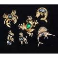 jellybelly brooches with rhinestones six pieces hobe silver gilt swordfish trifari silvergilt crab and gilt metal tree frog coro craft metal poodle with apples silver gilt carp and metal pood