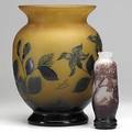 Style of galle large blue and amber cameo glass vase and cranberry cameo glass bud vase 20th c taller 11 12