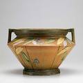 Roseville futura handled jardiniere with leaves remnants of paint 10 x 14 12 dia