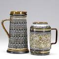 Doulton lambeth two tankards one 1879 the other marked ever drink ever dry both marked 9 12 and 7 14