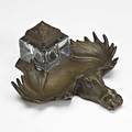Bronze moose inkstand griffoul bros includes crystal well and bronze cap 1913 ca 7  x 7