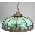 Style of handel slag glass hanging fixture with overlaid border depicting a dutch landscape fixture 15 x 24 dia