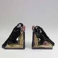 Rookwood pair of production bookends with rooks covered in brilliant majolica glazes 1928 restoration 6 12 x 6 14