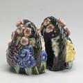 Rookwood pair of production bookends with baskets of flowers covered in brilliant majolica glazes 1929 some scratches 5 x 5 34