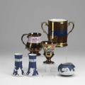 English porcelain three pieces of wedgewood adams pair of bud vases and a bulbous vase 19th c together with three pieces of copper lustre twohandled cider cup chalice and a stein 19th c tal