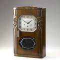 French art deco wall clock walnut with carved decoration and chrome handle marked vedette made in france 24 12 x 14 12 x 6