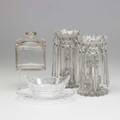 Cut glass or crystal five pieces include sinclair bowl and tray in greek key and ivy glass box and a pair of hurricane candlesticks tallest 8
