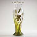 Mont joye tall vase with gold enameled irises on etched ground unmarked 16 14 x 5 12