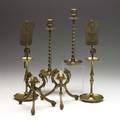 Brass candlesticks tripod pair with crane decoration pair with barley twist stems and asian pair with flame shields tallest 14 34