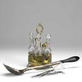 Kitchen items fivepiece brass cruet set with blownglass inserts silverplated stuffing spoon nine stainless steel skewers 19th20th c largest 19 34