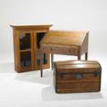 Furniture grouping slant front schoolmasters style desk together with a secretary desk top and dome top trunk desk 37 x 34 12 x 22 12