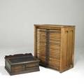 Kerrs spool co portable writing desk with stenciled advertising together with hamilton manufacturing co typesetters cabinet cabinet 44 12 x 36 x 23