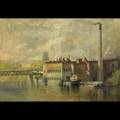 American industrial scenes three artworks oil on canvasboard of industrial scene by a river 1926 framed signed r harvey and dated 20 x 26 grisaille illustration and engraving of factory bui