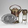 Wmf etc pewter tray together with copper and brass kettle on stand with geometric decoration and similar jardiniere kettle 13