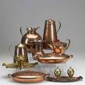 Was benson copper group includes three covered pitchers teapot and two covered vegetable dishes together with a syrup pitcher and two inkwells with brass details tallest 9 12
