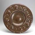 English arts  crafts hammered copper charger decorated with leaves 18 dia