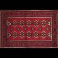 Persian baluch rug repeating geometric design in reds and black ca 1970 62 x 81