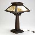 Arts  crafts oak table lamp with slag glass shade 18 12 x 12 sq