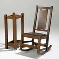 Gustav stickley hback sewing rocker together with an arts  crafts umbrella stand with copper tray rocker 34 12 x 16 12 x 19 12