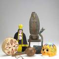 South american box lot includes mask rattles drums and religious items
