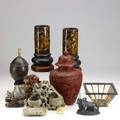 Asian grouping ten pieces include cinnabar ginger jar converted to lamp six pieces of carved soapstone or hardstone etc 19th20th c tallest 11 12