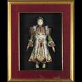 Chinese puppet wood and papier mache with embroidered silk robe in a shadow box 19th  20th c frame 29 x 23 12