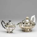 Two silver teapots lantern form with ivory handle and finial 11 12 beyond handle unmarked and individual teapot by barker bros chester 1906 279 ot